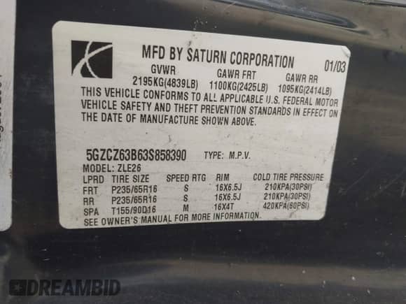 2003 Saturn VUE with VIN 5GZCZ63B63S858390, listed as a IAAI auction lot 41705563 with 121,576 mi miles and . Bid and sale history available at DreamBid. Image 9.