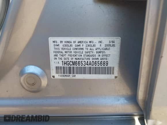 2004 Honda Accord EX with VIN 1HGCM66534A065689, listed as a IAAI auction lot 43260294 with 210,394 mi miles and . Bid and sale history available at DreamBid. Image 9.