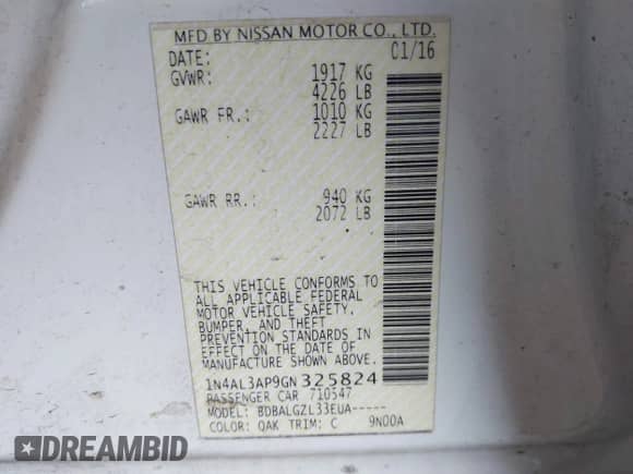 2016 Nissan Altima SR с VIN 1N4AL3AP9GN325824, выставлен на аукционе IAAI как лот 42904753 с пробегом 147 603 миль миль и . История ставок и продаж доступна на DreamBid. Изображение 9.