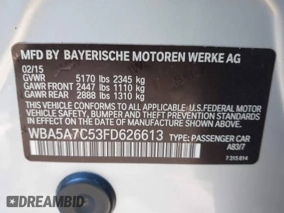 2015 BMW 5 Series 528i xDrive with VIN WBA5A7C53FD626613, listed as a IAAI auction lot 42995532 with 132,526 mi miles and . Bid and sale history available at DreamBid. Image 9.