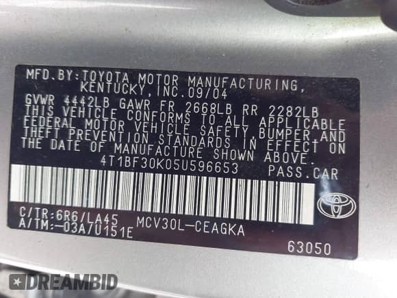2005 Toyota Camry LE с VIN 4T1BF30K05U596653, выставлен на аукционе IAAI как лот 42482189 с пробегом 242 939 миль миль и . История ставок и продаж доступна на DreamBid. Изображение 9.