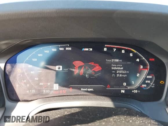 2021 BMW M3 with VIN WBS53AY06MFL37453, listed as a Copart auction lot 44033564 with 21,598 mi miles and Salvage title. Bid and sale history available at DreamBid. Image 9.