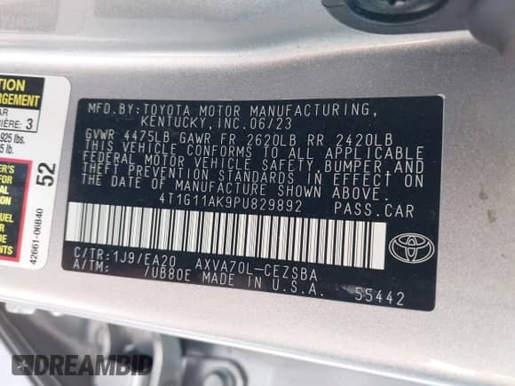 2023 Toyota Camry SE с VIN 4T1G11AK9PU829892, выставлен на аукционе IAAI как лот 42322173 с пробегом 30 334 миль миль и . История ставок и продаж доступна на DreamBid. Изображение 9.