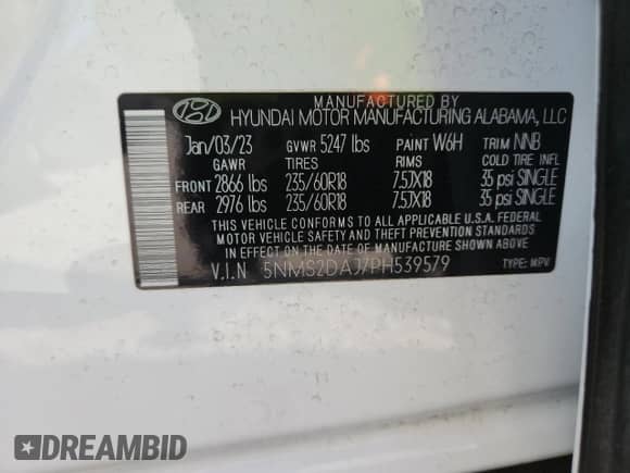 2023 Hyundai Santa Fe SEL с VIN 5NMS2DAJ7PH539579, выставлен на аукционе Copart как лот 80334795 с пробегом 38 968 миль миль и Списание • Salvage title. История ставок и продаж доступна на DreamBid. Изображение 13.
