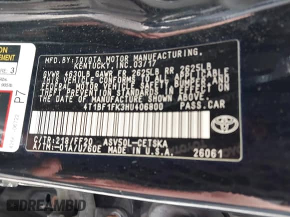 2017 Toyota Camry XLE с VIN 4T1BF1FK3HU406800, выставлен на аукционе IAAI как лот 43185439 с пробегом 98 629 миль миль и . История ставок и продаж доступна на DreamBid. Изображение 9.