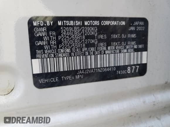 2022 Mitsubishi Outlander SEL with VIN JA4J2VA71NZ064410, listed as a Copart auction lot 80606165 with 67,067 mi miles and Salvage title. Bid and sale history available at DreamBid. Image 14.