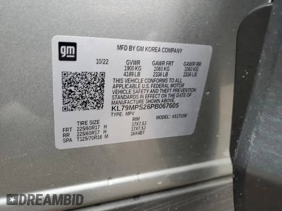 2023 Chevrolet TrailBlazer LT с VIN KL79MPS26PB067605, выставлен на аукционе Copart как лот 80439825 с пробегом Не указан миль и Списание • Salvage title. История ставок и продаж доступна на DreamBid. Изображение 12.