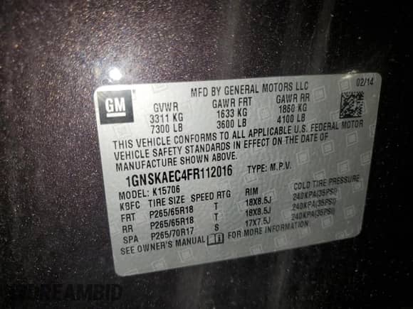 2015 Chevrolet Tahoe LS с VIN 1GNSKAEC4FR112016, выставлен на аукционе Copart как лот 63580085 с пробегом 171 544 миль миль и Списание • Salvage title. История ставок и продаж доступна на DreamBid. Изображение 13.