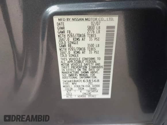 2007 Nissan Pathfinder S z VIN 5N1AR18U47C638568, wystawiony jako IAAI lot #42374561 z przebiegiem 215 326 mil mil oraz . Historia ofert i sprzedaży dostępna na DreamBid. Obrazek 9.