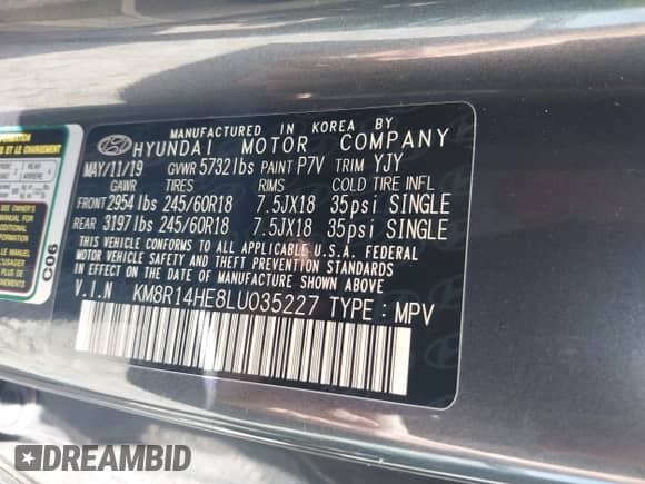 2020 Hyundai Palisade SE with VIN KM8R14HE8LU035227, listed as a IAAI auction lot 43345483 with 68,519 mi miles and . Bid and sale history available at DreamBid. Image 9.