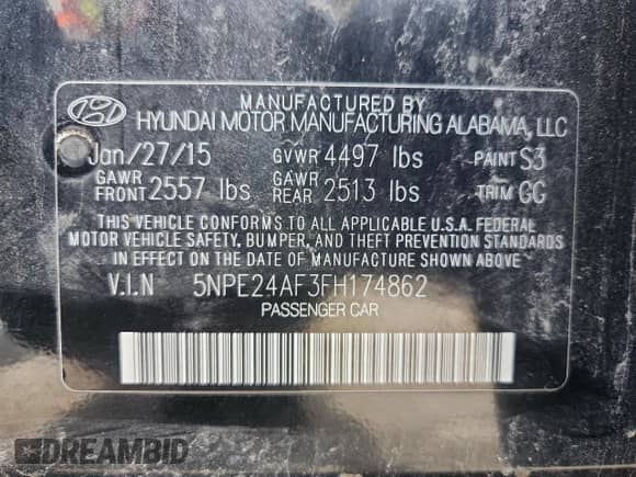 2015 Hyundai Sonata SE с VIN 5NPE24AF3FH174862, выставлен на аукционе Copart как лот 61666295 с пробегом 146 699 миль миль и На запчасти • Non repairable. История ставок и продаж доступна на DreamBid. Изображение 12.
