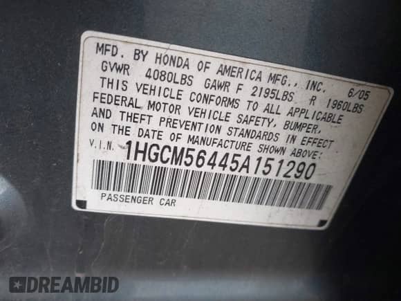 2005 Honda Accord LX с VIN 1HGCM56445A151290, выставлен на аукционе IAAI как лот 43503069 с пробегом 224 673 миль миль и . История ставок и продаж доступна на DreamBid. Изображение 9.