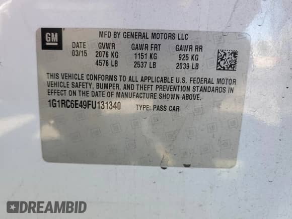 2015 Chevrolet Volt z VIN 1G1RC6E49FU131340, wystawiony jako Copart lot #84965675 z przebiegiem 166 577 mil mil oraz Szkoda całkowita • Salvage title. Historia ofert i sprzedaży dostępna na DreamBid. Obrazek 12.