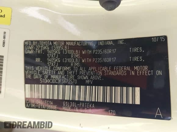 2015 Toyota Sienna LE AAS z VIN 5TDKK3DC3FS672570, wystawiony jako IAAI lot #42824951 z przebiegiem 112 476 mil mil oraz . Historia ofert i sprzedaży dostępna na DreamBid. Obrazek 9.