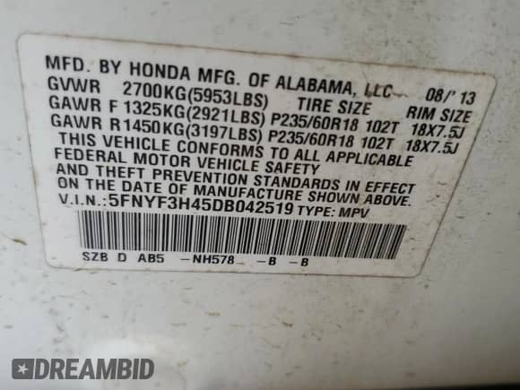 2013 Honda Pilot EX с VIN 5FNYF3H45DB042519, выставлен на аукционе Copart как лот 68712585 с пробегом 200 166 миль миль и Списание • Salvage title. История ставок и продаж доступна на DreamBid. Изображение 13.