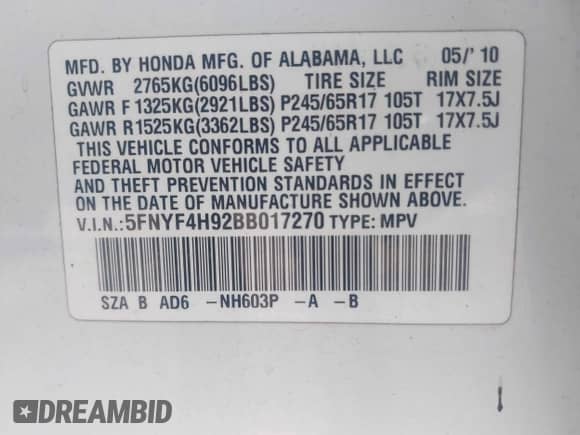 2011 Honda Pilot Touring with VIN 5FNYF4H92BB017270, listed as a IAAI auction lot 43295098 with 176,356 mi miles and . Bid and sale history available at DreamBid. Image 9.
