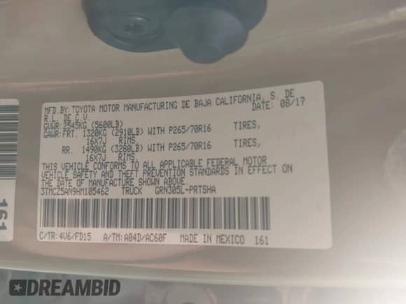 2017 Toyota Tacoma SR5 with VIN 3TMCZ5AN9HM105462, listed as a IAAI auction lot 43274681 with 96,665 mi miles and . Bid and sale history available at DreamBid. Image 9.