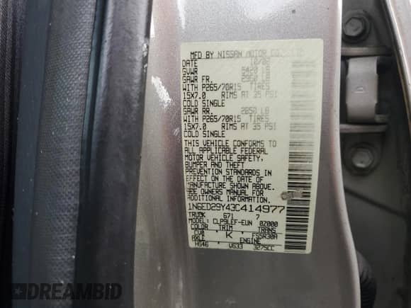 2003 Nissan Frontier XE with VIN 1N6ED29Y43C414977, listed as a Copart auction lot 43938595 with 212,303 mi miles and Salvage title. Bid and sale history available at DreamBid. Image 12.