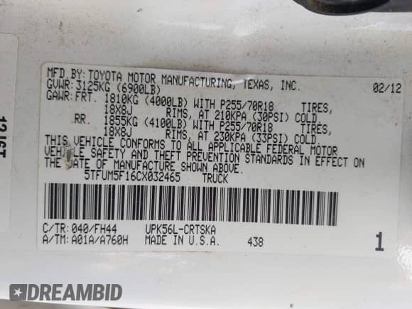 2012 Toyota Tundra с VIN 5TFUM5F16CX032465, выставлен на аукционе IAAI как лот 42460427 с пробегом 273 997 миль миль и . История ставок и продаж доступна на DreamBid. Изображение 9.