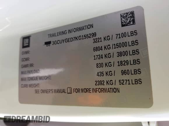 2019 Chevrolet Silverado 1500 LTZ with VIN 3GCUYGED7KG155299, listed as a IAAI auction lot 43246598 with 81,905 mi miles and . Bid and sale history available at DreamBid. Image 9.