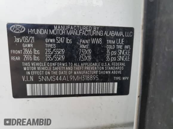 2021 Hyundai Santa Fe Limited with VIN 5NMS44AL9MH318895, listed as a Copart auction lot 84032785 with 69,547 mi miles and Salvage title. Bid and sale history available at DreamBid. Image 13.