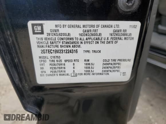 2003 GMC Sierra 1500 with VIN 2GTEC19V231224316, listed as a Copart auction lot 77910024 with 315,660 mi miles and Salvage title. Bid and sale history available at DreamBid. Image 12.