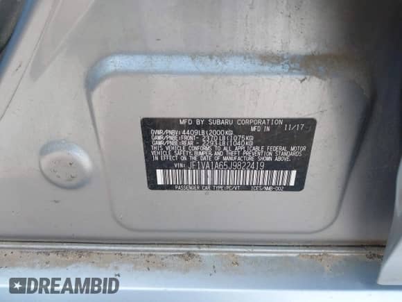 2018 Subaru WRX with VIN JF1VA1A65J9822419, listed as a IAAI auction lot 43065892 with 102,499 mi miles and . Bid and sale history available at DreamBid. Image 9.