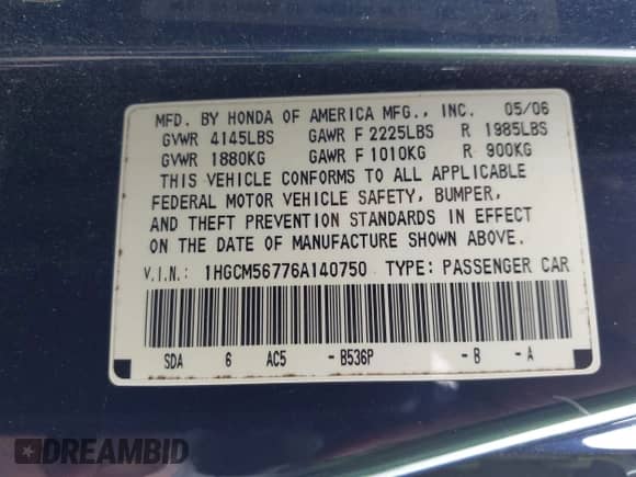 2006 Honda Accord EX with VIN 1HGCM56776A140750, listed as a IAAI auction lot 42937351 with 274,234 mi miles and . Bid and sale history available at DreamBid. Image 9.