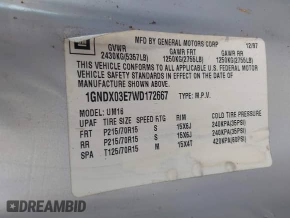 1998 Chevrolet Venture с VIN 1GNDX03E7WD172667, выставлен на аукционе IAAI как лот 39993410 с пробегом 159 511 миль миль и . История ставок и продаж доступна на DreamBid. Изображение 9.