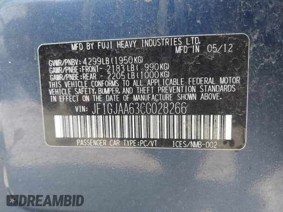 2012 Subaru Impreza 2.0i with VIN JF1GJAA63CG028266, listed as a IAAI auction lot 42925024 with 187,425 mi miles and . Bid and sale history available at DreamBid. Image 9.