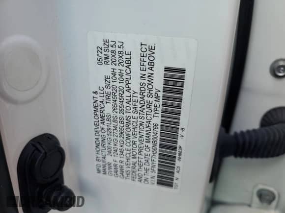 2022 Honda Passport EX-L with VIN 5FNYF7H56NB004766, listed as a Copart auction lot 56058495 with Not provided miles and Salvage title. Bid and sale history available at DreamBid. Image 13.