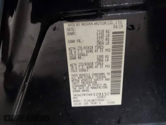 2019 Nissan Murano SL with VIN 5N1AZ2MJ5KN129152, listed as a IAAI auction lot 42156448 with 108,316 mi miles and . Bid and sale history available at DreamBid. Image 9.