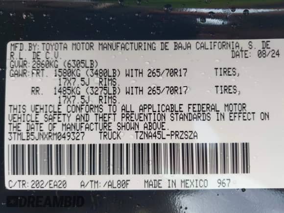2024 Toyota Tacoma SR5 with VIN 3TMLB5JNXRM049327, listed as a IAAI auction lot 40906568 with 691 mi miles and . Bid and sale history available at DreamBid. Image 9.