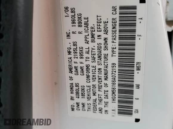 2006 Honda Accord VP с VIN 1HGCM56166A072159, выставлен на аукционе Copart как лот 68012445 с пробегом 175 747 миль миль и Списание • Salvage title. История ставок и продаж доступна на DreamBid. Изображение 12.