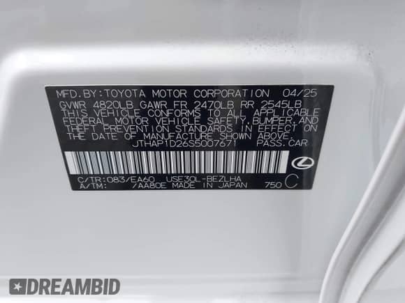 2025 Lexus IS 500 F Sport Performance z VIN JTHAP1D26S5007671, wystawiony jako IAAI lot #42544671 z przebiegiem 497 mil mil oraz . Historia ofert i sprzedaży dostępna na DreamBid. Obrazek 9.