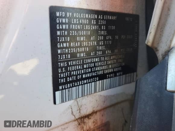 2013 Volkswagen Tiguan S с VIN WVGBV7AX8DW549720, выставлен на аукционе Copart как лот 85544445 с пробегом 160 793 миль миль и Чистый • Clean title. История ставок и продаж доступна на DreamBid. Изображение 14.