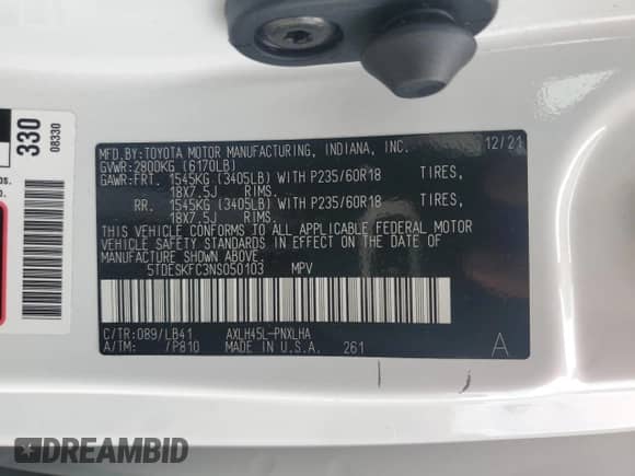2022 Toyota Sienna Platinum с VIN 5TDESKFC3NS050103, выставлен на аукционе Copart как лот 55167765 с пробегом Не указан миль и Списание • Salvage title. История ставок и продаж доступна на DreamBid. Изображение 14.