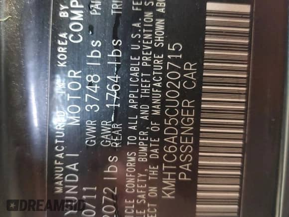 2012 Hyundai Veloster w/Black Int z VIN KMHTC6AD5CU020715, wystawiony jako Copart lot #87423735 z przebiegiem 137 931 mil mil oraz Szkoda całkowita • Salvage title. Historia ofert i sprzedaży dostępna na DreamBid. Obrazek 12.