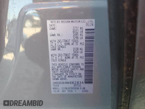 2024 Nissan Frontier Pro-4X z VIN 1N6ED1EK4RN662834, wystawiony jako Copart lot #71498595 z przebiegiem 17 312 mil mil oraz Szkoda całkowita • Salvage title. Historia ofert i sprzedaży dostępna na DreamBid. Obrazek 13.