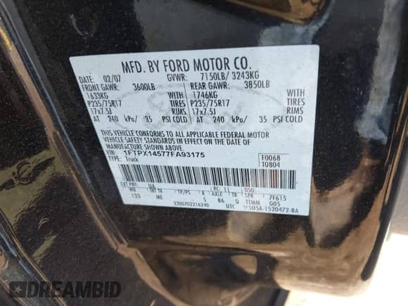 2007 Ford F-150 XLT с VIN 1FTPX14577FA93175, выставлен на аукционе IAAI как лот 41804528 с пробегом 107 797 миль миль и . История ставок и продаж доступна на DreamBid. Изображение 9.