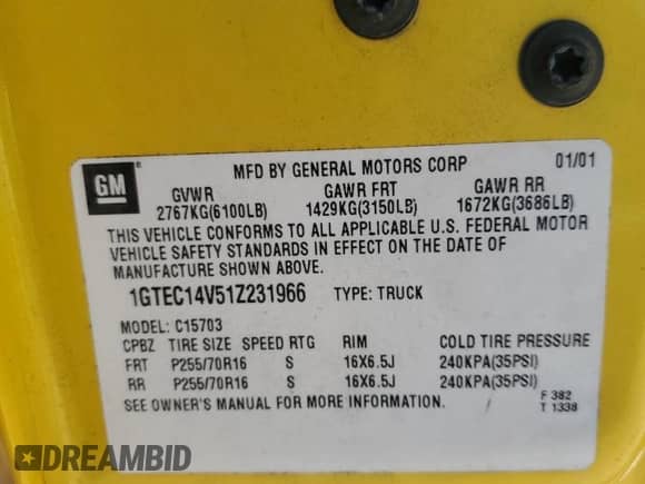 2001 GMC Sierra 1500 SLE with VIN 1GTEC14V51Z231966, listed as a Copart auction lot 74100534 with Not provided miles and Salvage title. Bid and sale history available at DreamBid. Image 12.