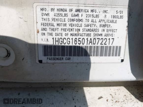 2001 Honda Accord EX z VIN 1HGCG16501A072217, wystawiony jako IAAI lot #43145354 z przebiegiem 162 546 mil mil oraz . Historia ofert i sprzedaży dostępna na DreamBid. Obrazek 9.