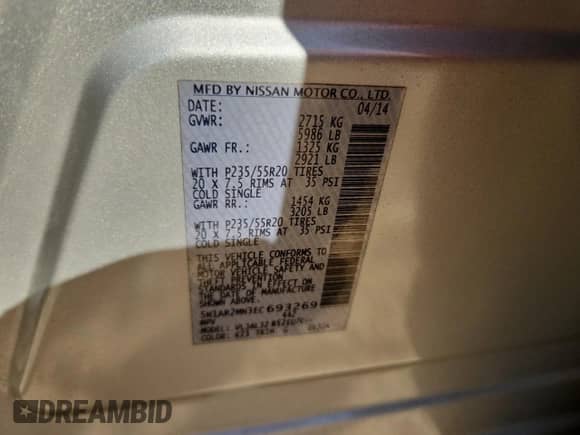 2014 Nissan Pathfinder Platinum с VIN 5N1AR2MN3EC693269, выставлен на аукционе Copart как лот 86452605 с пробегом 174 756 миль миль и Списание • Salvage title. История ставок и продаж доступна на DreamBid. Изображение 13.