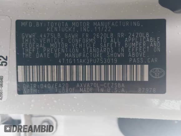 2023 Toyota Camry SE with VIN 4T1G11AK3PU753019, listed as a IAAI auction lot 43250757 with 34,297 mi miles and . Bid and sale history available at DreamBid. Image 9.