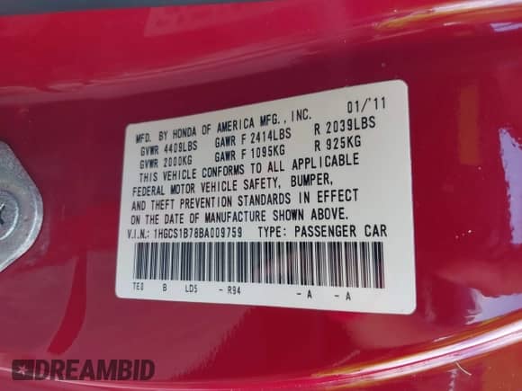 2011 Honda Accord EX with VIN 1HGCS1B78BA009759, listed as a IAAI auction lot 40466469 with 71,769 mi miles and . Bid and sale history available at DreamBid. Image 9.