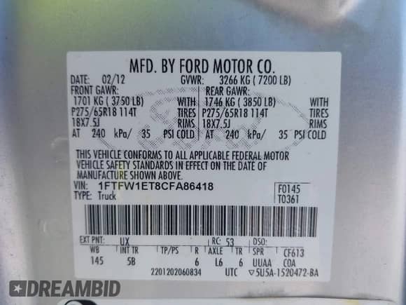 2012 Ford F-150 XL with VIN 1FTFW1ET8CFA86418, listed as a IAAI auction lot 42843554 with 149,576 mi miles and . Bid and sale history available at DreamBid. Image 9.
