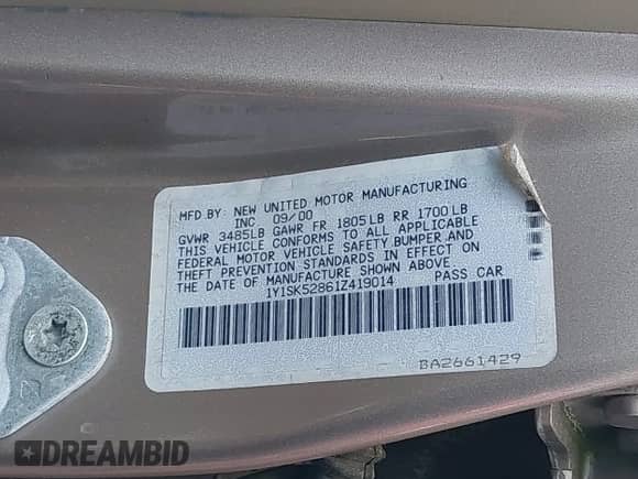 2001 Chevrolet Prizm с VIN 1Y1SK52861Z419014, выставлен на аукционе IAAI как лот 42256355 с пробегом 98 302 миль миль и . История ставок и продаж доступна на DreamBid. Изображение 9.