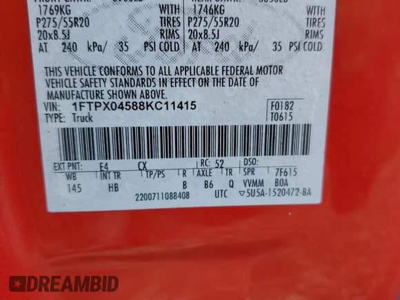 2008 Ford F-150 XLT z VIN 1FTPX04588KC11415, wystawiony jako Copart lot #67945265 z przebiegiem 215 617 mil mil oraz Szkoda całkowita • Salvage title. Historia ofert i sprzedaży dostępna na DreamBid. Obrazek 12.