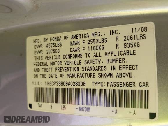 2009 Honda Accord EX-L with VIN 1HGCP36809A028008, listed as a IAAI auction lot 41217826 with 117,219 mi miles and . Bid and sale history available at DreamBid. Image 9.
