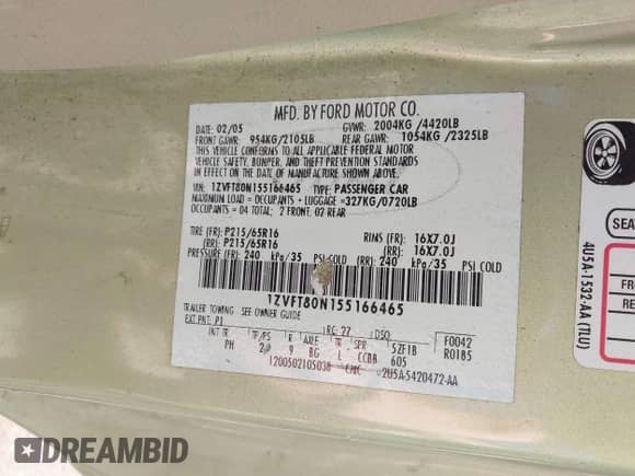 2005 Ford Mustang Deluxe с VIN 1ZVFT80N155166465, выставлен на аукционе IAAI как лот 43029667 с пробегом 194 364 миль миль и . История ставок и продаж доступна на DreamBid. Изображение 9.